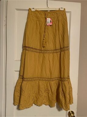 Roxy Women's Mustard Tiered Maxi Skirt with Eyelet Trim